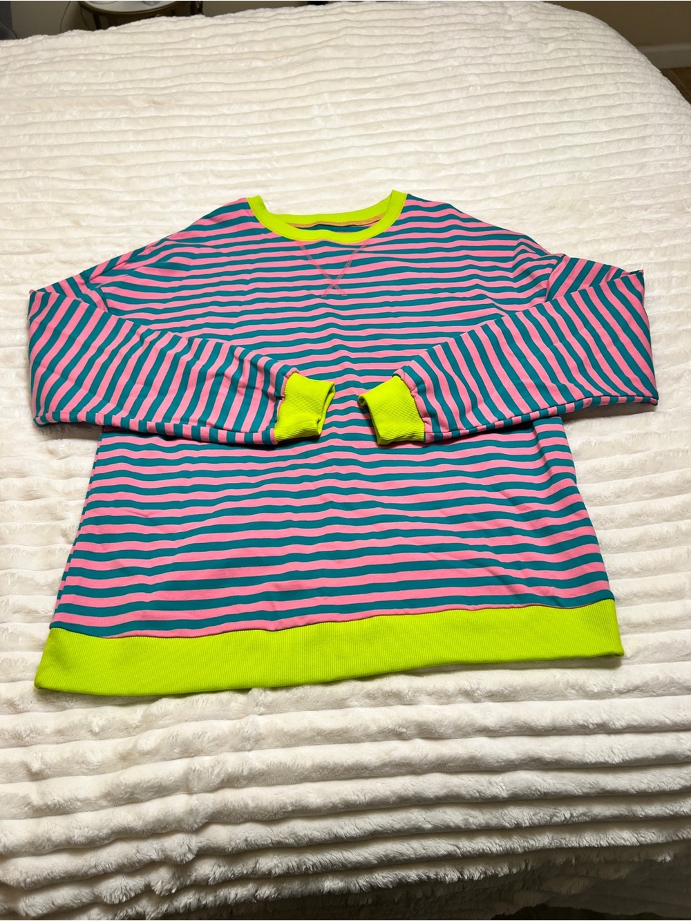 Neon Trim Striped Crewneck Shirt - Pink & Teal